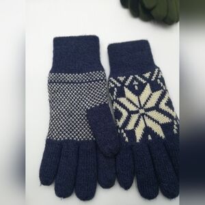Navy and Cream Knit Gloves with Snowflake Pattern